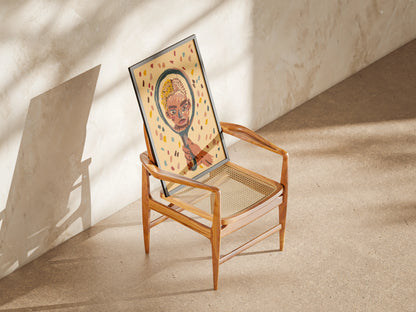 Wooden chair with a framed artwork on a beige floor and wall. Artwork by New York City artist Max Kolo.