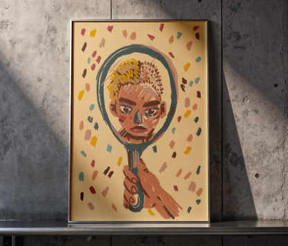 Framed ‘Mirror’ art print by Max Kolo displayed against a textured concrete wall, featuring a stylized painted face inside a hand-held mirror with colorful abstract accents.