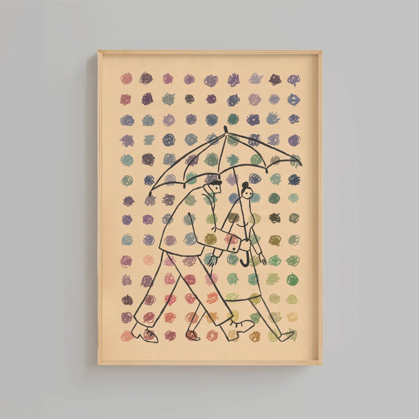 Framed artwork of two people under an umbrella with a patterned background and dots of multiple colors in the foreground set on a gray wall. Artwork by New York City Artist Max Kolo.