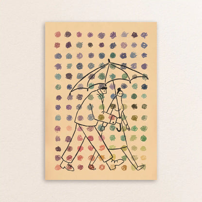 llustration by NYC artist Max Kolo showing two stylized figures walking under a single umbrella as colorful rain falls against a beige patterned background.