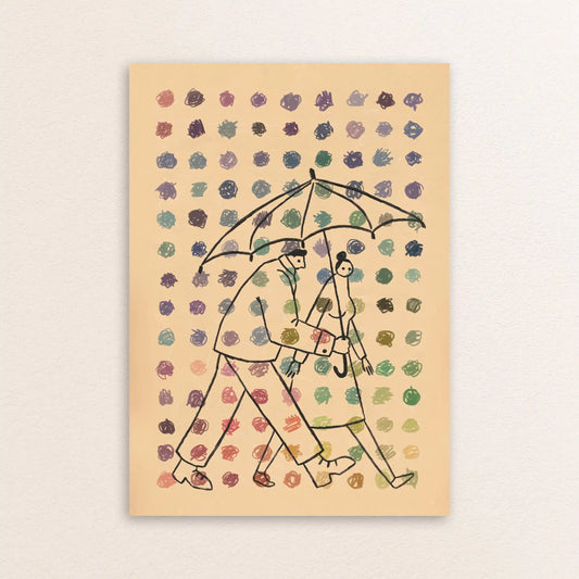 llustration by NYC artist Max Kolo showing two stylized figures walking under a single umbrella as colorful rain falls against a beige patterned background.