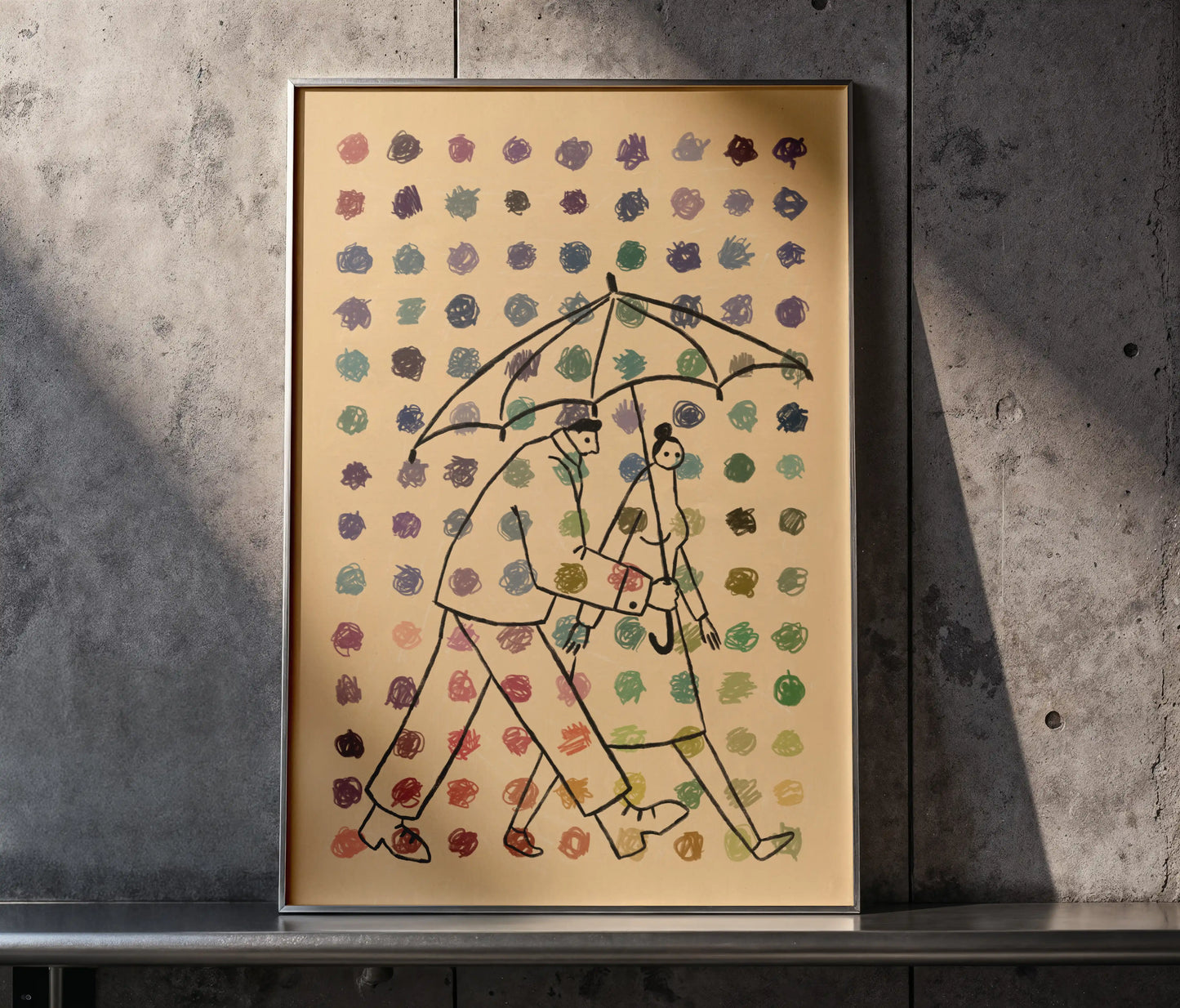 Framed illustration by NYC artist Max Kolo featuring two stylized figures walking together under a single umbrella as colorful raindrops fall, displayed against a textured concrete wall.