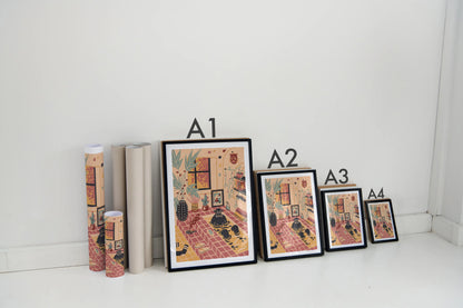 Set of framed artworks with labels on a white surface. Illustrated by New York City artist Max Kolo. 