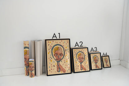 Set of framed artworks of a man holding a mirror of different sizes from A1 to A4 for size comparison on a white surface. Artwork by New York City artist Max Kolo.